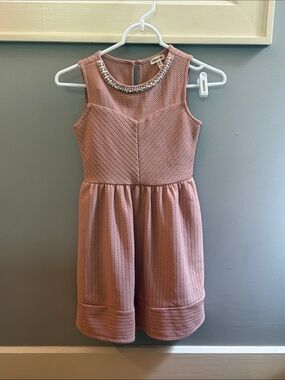Monteau Girls Sleeveless Dusty Pink Mesh Dress with Jewel Collar